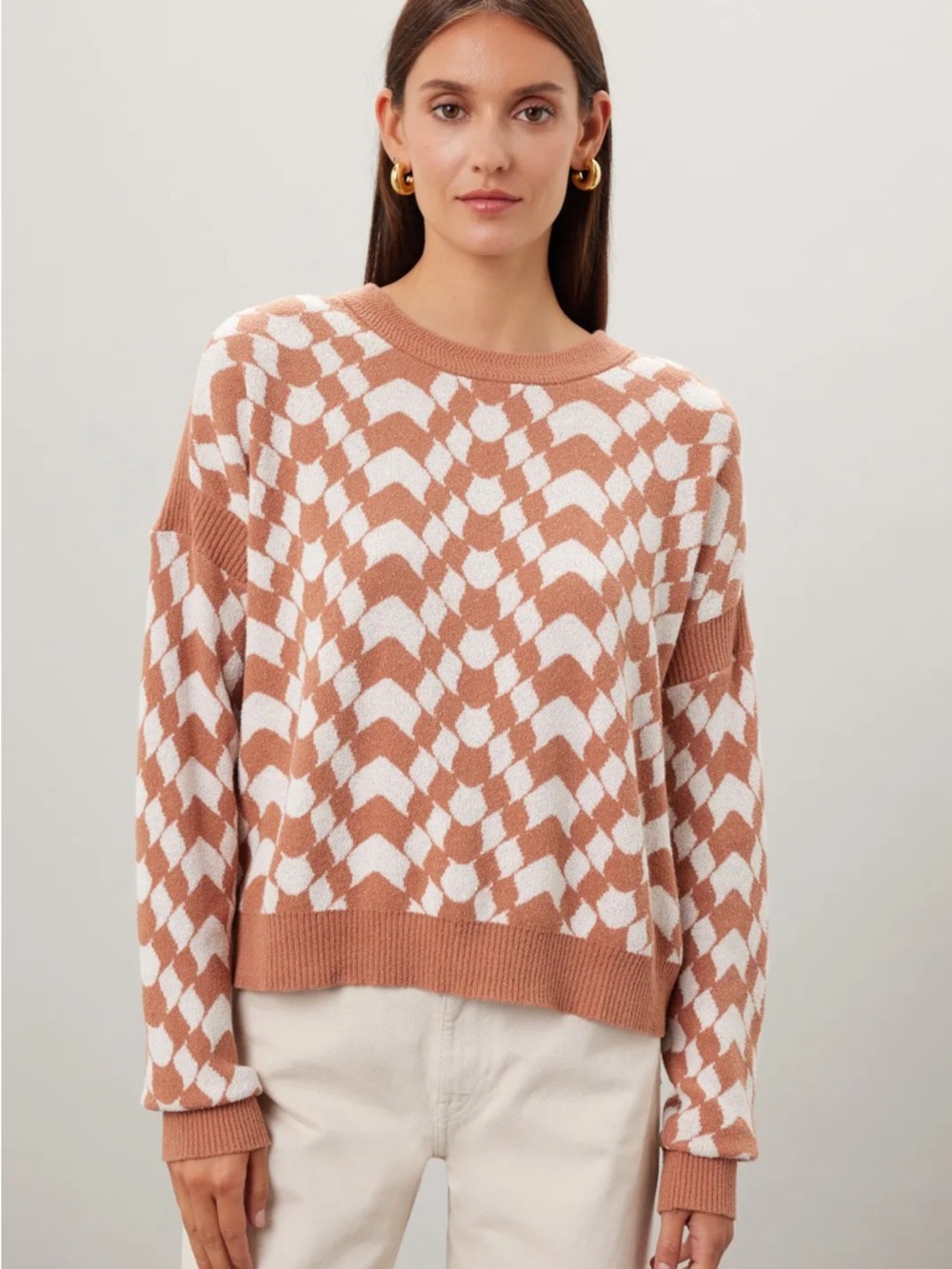 Spiritual Gangster Chevron Crewneck Sweater in Terracotta and White
